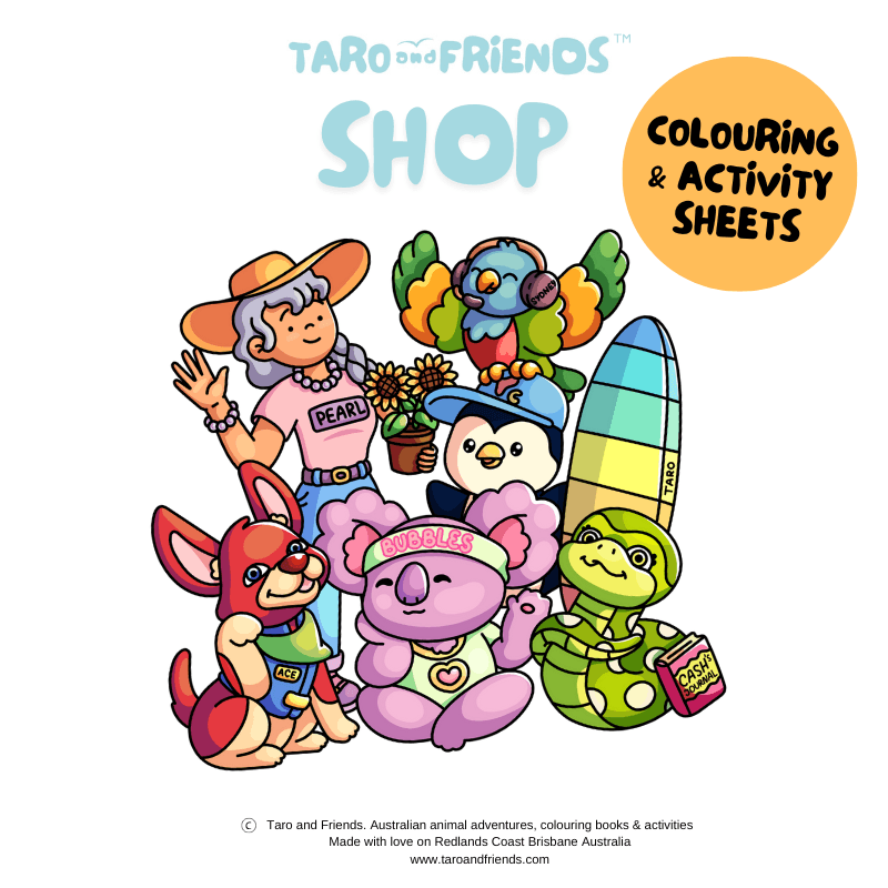 Taro and Friends shop banner with cute Australian animal characters promoting fun colouring and activity sheets. Designed and developed by Digital Tracks, Redlands Coast Brisbane.